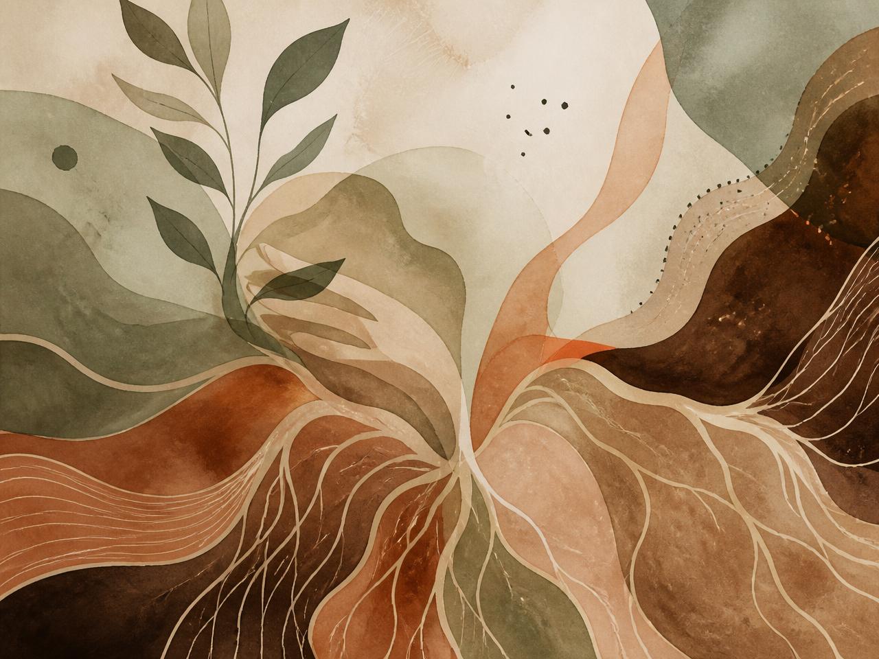 Abstract watercolor roots in sage, terracotta, and warm brown, with a subtle suggestion of a human hand among the leaves